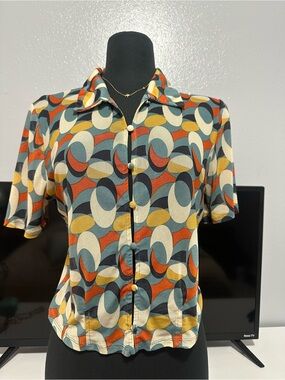 Retro Geometric Button-Up Blouse in Teal, Rust & Cream